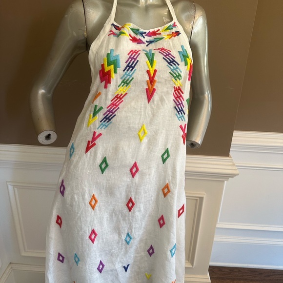 NWT ALL THINGS MOCHI Linen Halter Embroidered White Midi Dress Sz Large - Picture 3 of 6